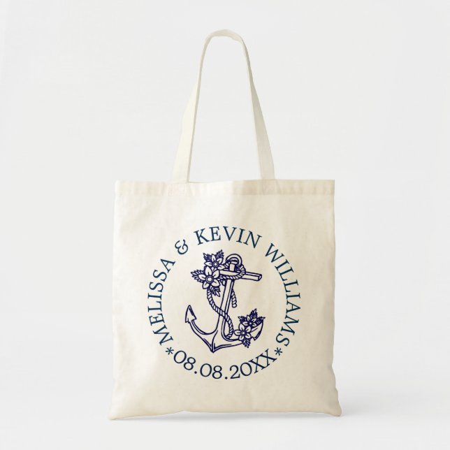 Blue Floral Nautical Boat Anchor Wedding Gifts Tote Bag (Front)