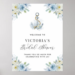 Blue Floral Nautical Bridal Shower Welcome Poster