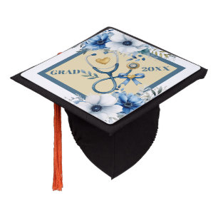 Blue Floral Nurse Graduation Cap Topper