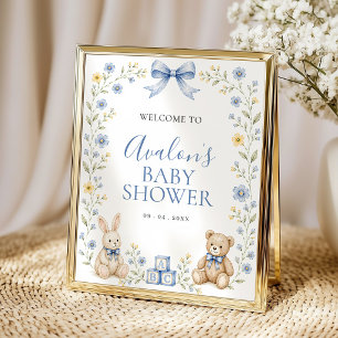 Blue Floral Nursery Baby Shower Welcome Poster