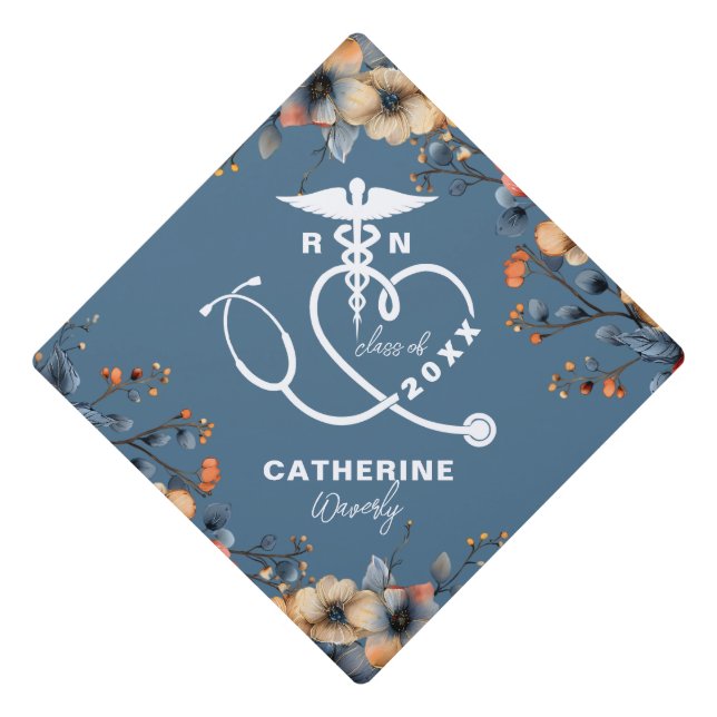 Blue Floral Nursing School Graduation Cap Topper (Front)
