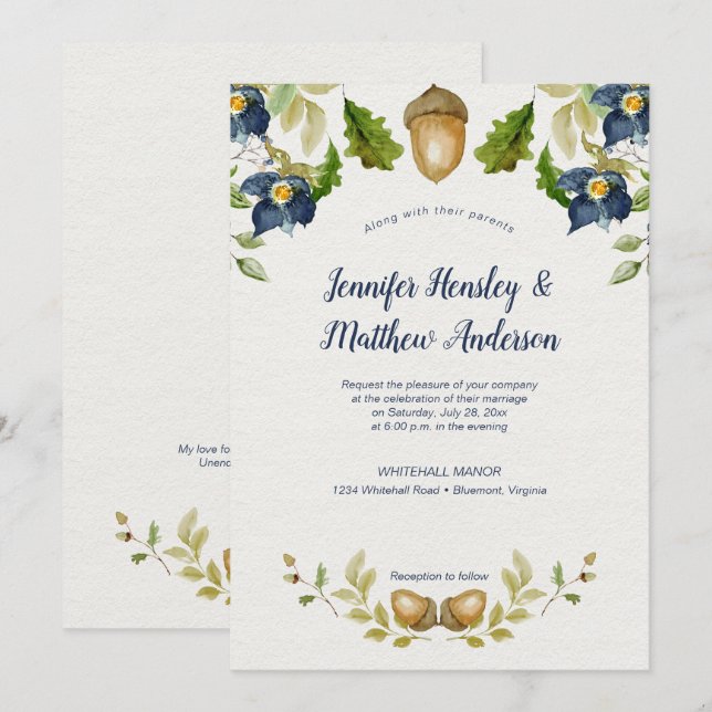 Blue Floral Oak Leaves Acorns Wedding | Invitation (Front/Back)