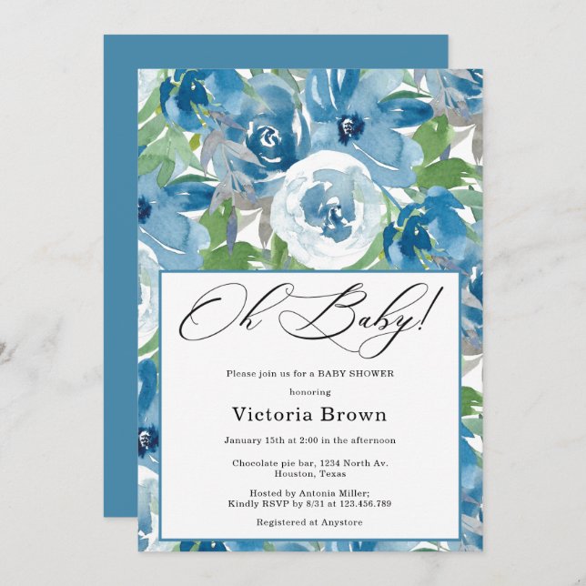 Blue Floral Oh Baby Shower Invitation (Front/Back)