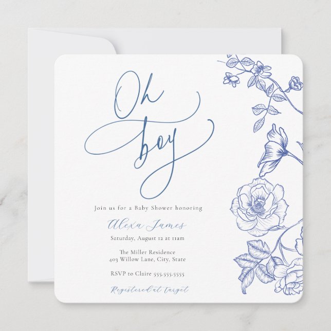 Blue Floral Oh Boy Baby shower Invitation (Devant)