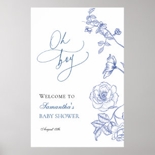 Blue Floral Oh Boy Baby Shower Welcome Poster