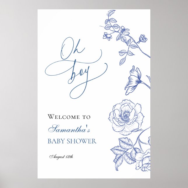 Blue Floral Oh Boy Baby Shower Welcome Poster (Front)