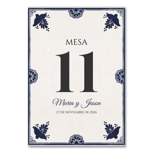 Blue Floral Otomi Simple Fiesta Spanish Wedding Table Number (Front)