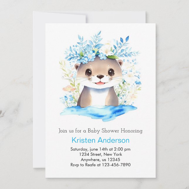 Blue Floral Otter Watercolor Boy Baby Shower Invitation (Front)