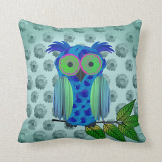 Blue Floral Owl Throw Pillow