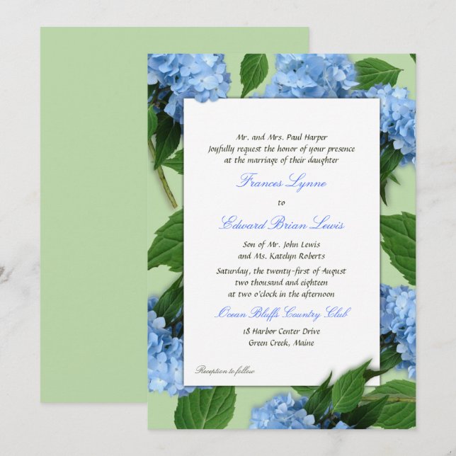 Blue Floral Parents Names Wedding Invitation (Front/Back)