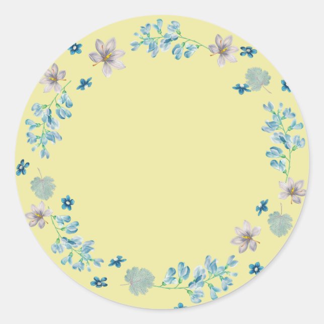Blue Floral, pastel yellow background, Classic Round Sticker (Front)