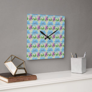 Blue Floral Pattern Aesthetic   Watercolor Flower  Square Wall Clock