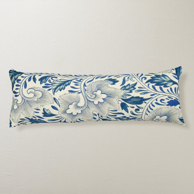 Blue Floral Pattern Antique Asian Design Body Pillow (Back)