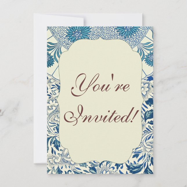 Blue Floral Pattern Antique Asian Design Invitation (Front)