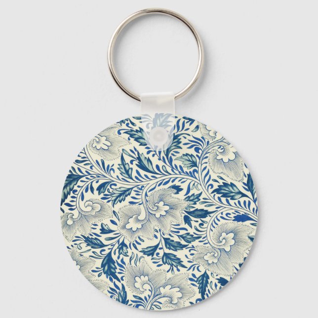 Blue Floral Pattern Antique Asian Design Keychain (Front)