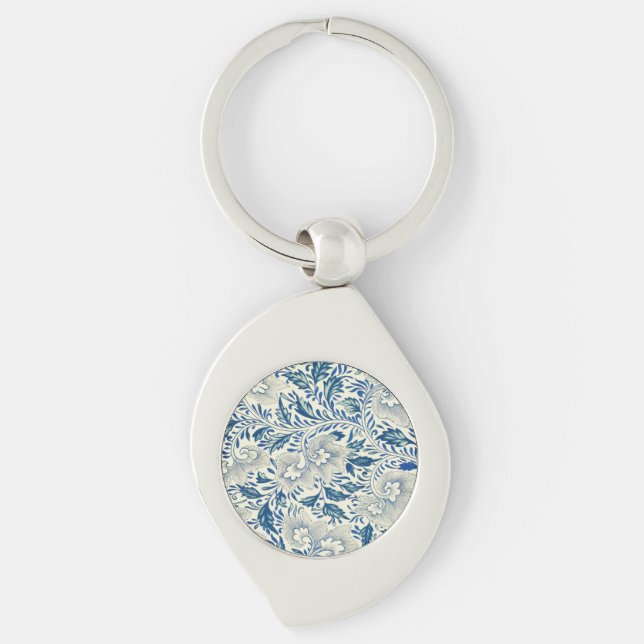 Blue Floral Pattern Antique Asian Design Keychain (Front)