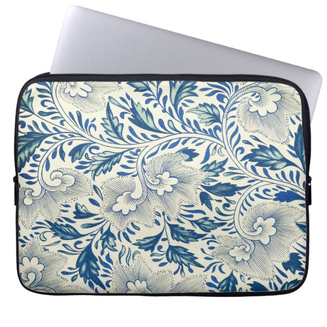 Blue Floral Pattern Antique Asian Design Laptop Sleeve (Front)