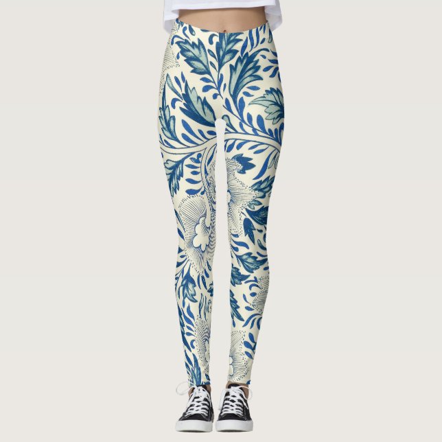 Blue Floral Pattern Antique Asian Design Leggings (Front)