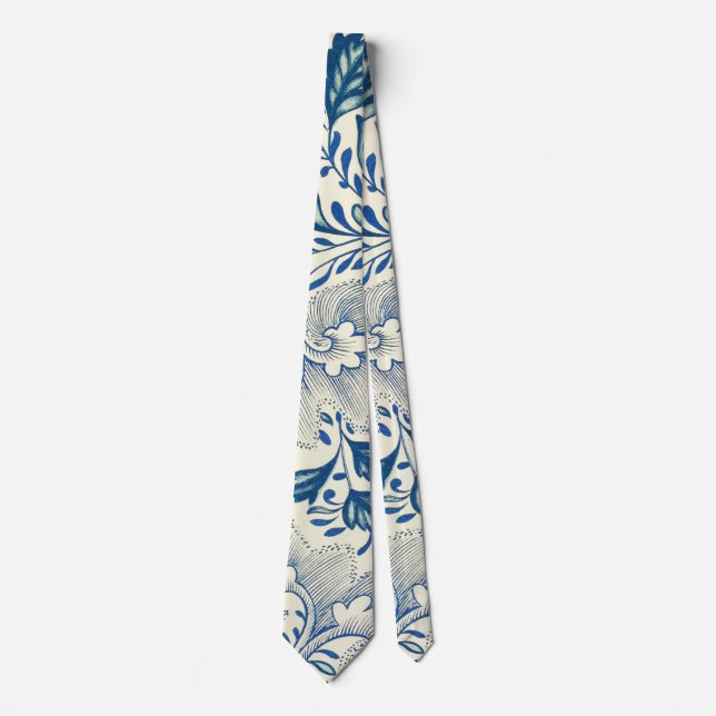 Blue Floral Pattern Antique Asian Design Tie (Front)