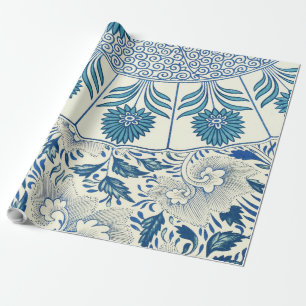 Blue Floral Pattern Antique Asian Design Wrapping Paper