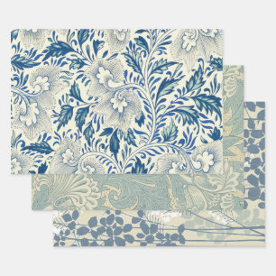 Blue Floral Pattern Antique Asian Design Wrapping Paper Sheet