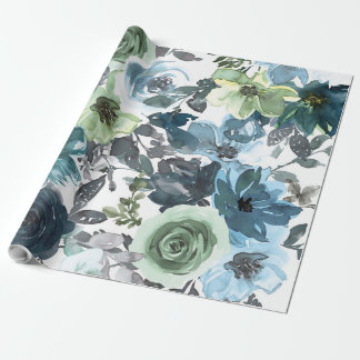 Blue Floral Pattern, Artistic Watercolor Wrapping Paper