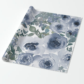 Blue Floral Pattern, Artistic Watercolor  Wrapping Paper