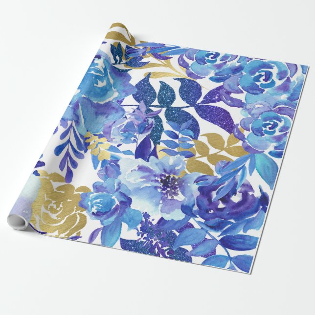 Blue Floral Pattern, Artistic Watercolor Wrapping Paper (Unrolled)