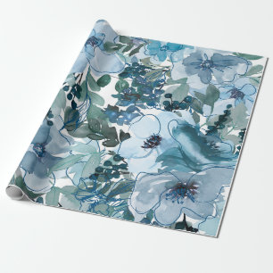 Blue Floral Pattern, Artistic Watercolor Wrapping Paper
