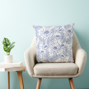 Blue Floral Pattern - Delicate Line Art Fabric Throw Pillow