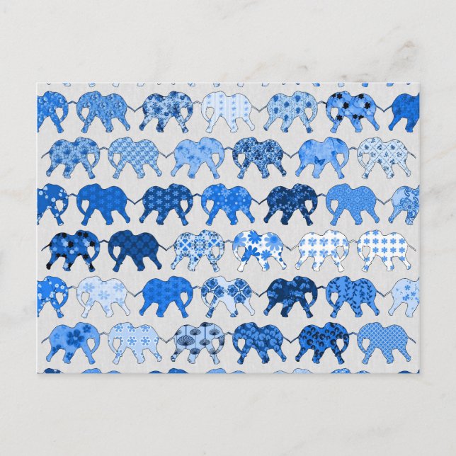 Blue Floral Pattern Elephants Postcard (Front)