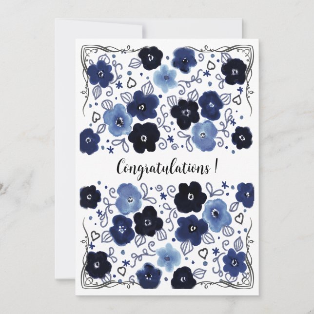 Blue Floral Pattern Happy Congratulations Card (Front)
