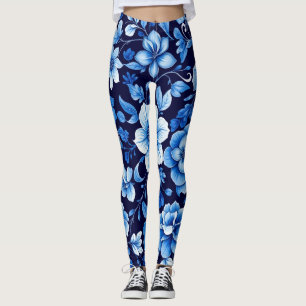blue floral pattern leggings