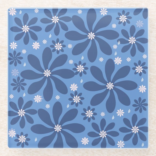 Blue Floral Pattern Mouse Pad – Stylish Desk Acces Glass Coaster (Front)