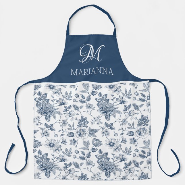 Blue Floral Pattern & Name Personalized  Apron (Front)