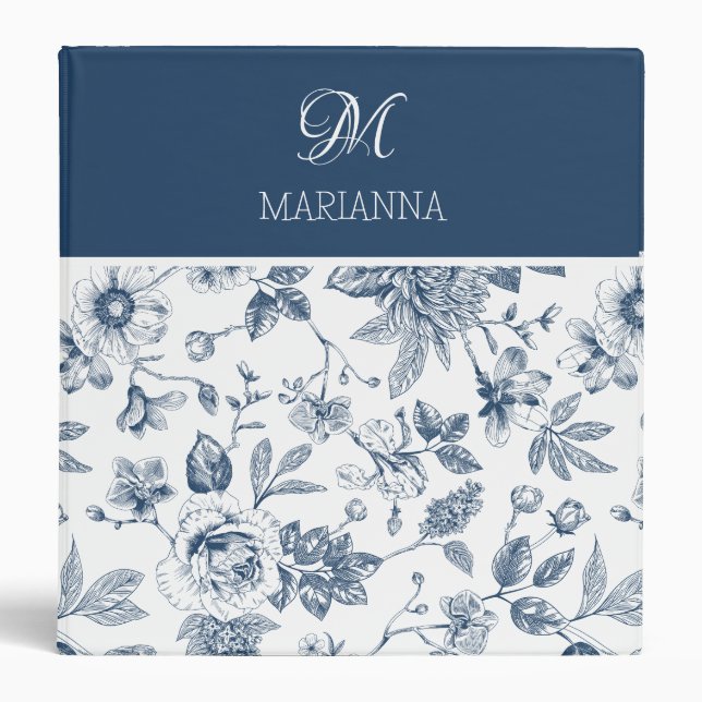 Blue Floral Pattern & Name Personalized  Binder (Front)