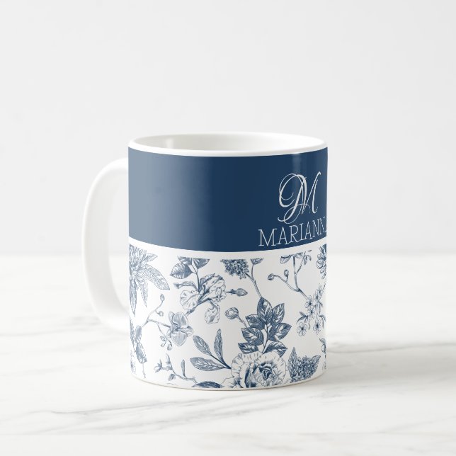 Blue Floral Pattern & Name Personalized  Coffee Mug (Front Left)