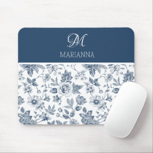 Blue Floral Pattern & Name Personalized Mouse Pad