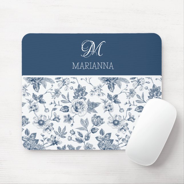 Blue Floral Pattern & Name Personalized  Mouse Pad (With Mouse)