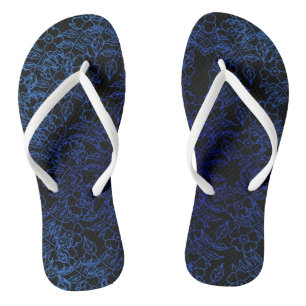 blue floral pattern on black flip flops