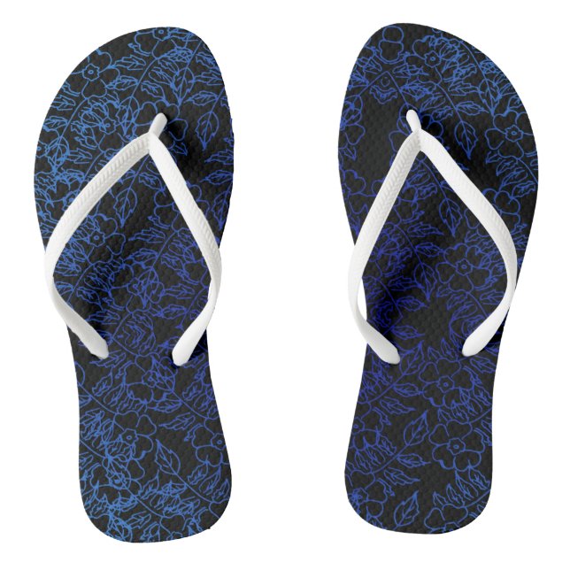 blue floral pattern on black flip flops (Footbed)