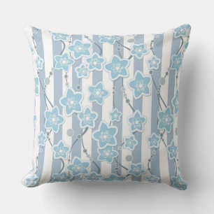 blue floral pattern on blue striped background outdoor pillow