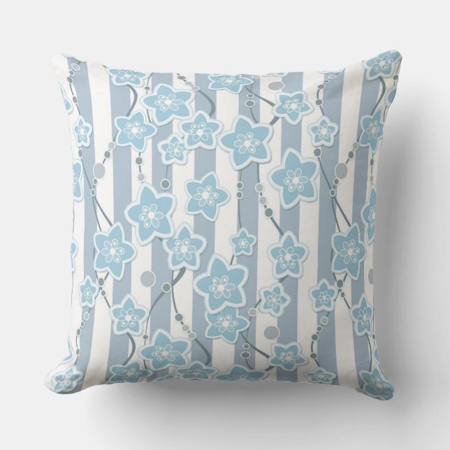 blue floral pattern on blue striped background outdoor pillow (Front)