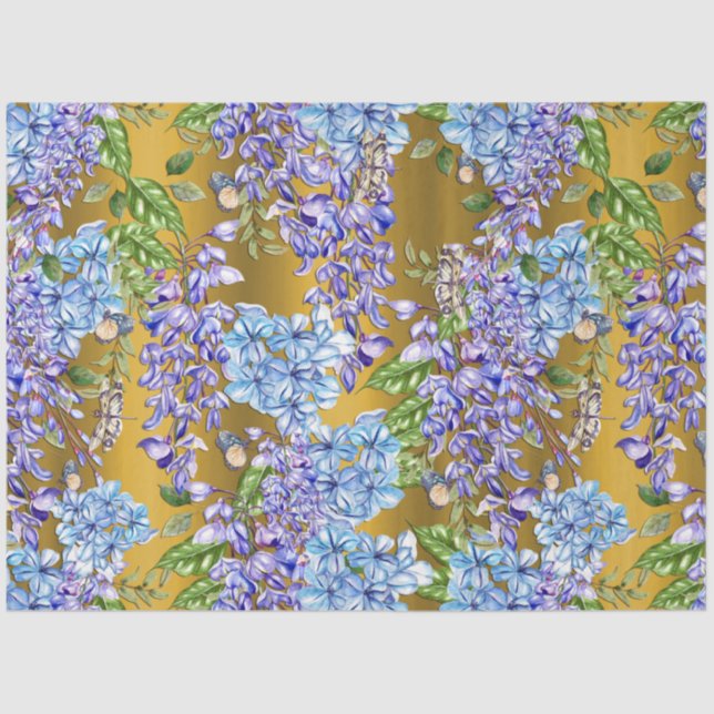 Blue Floral Pattern on Gold Tissue Paper (Front)