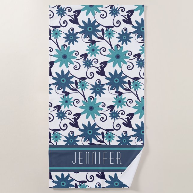 Blue Floral Pattern Personalized  Beach Towel (Front)