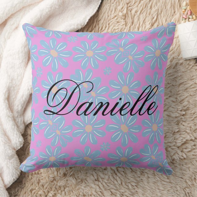 Blue Floral Pattern - Personalized Throw Pillow (Blanket)