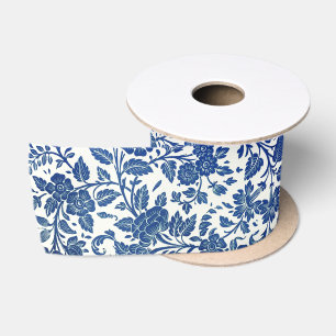 Blue Floral Pattern Satin Ribbon