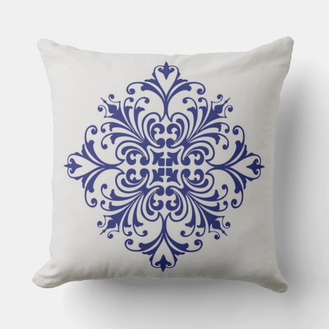 Blue Floral Pattern Throw Pillow (Front)