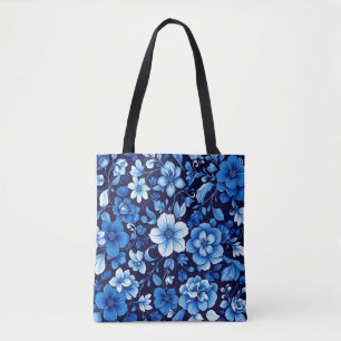 blue floral pattern tote bag