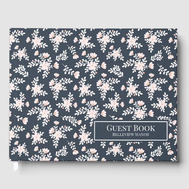 Blue Floral Pattern Vacation Home or Rental Guest Book (Front)